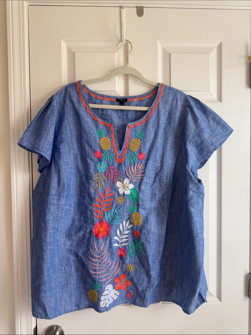 Talbots Blue Chambray Embroidered Tunic with Tropical Motif - Picture 1 of 4